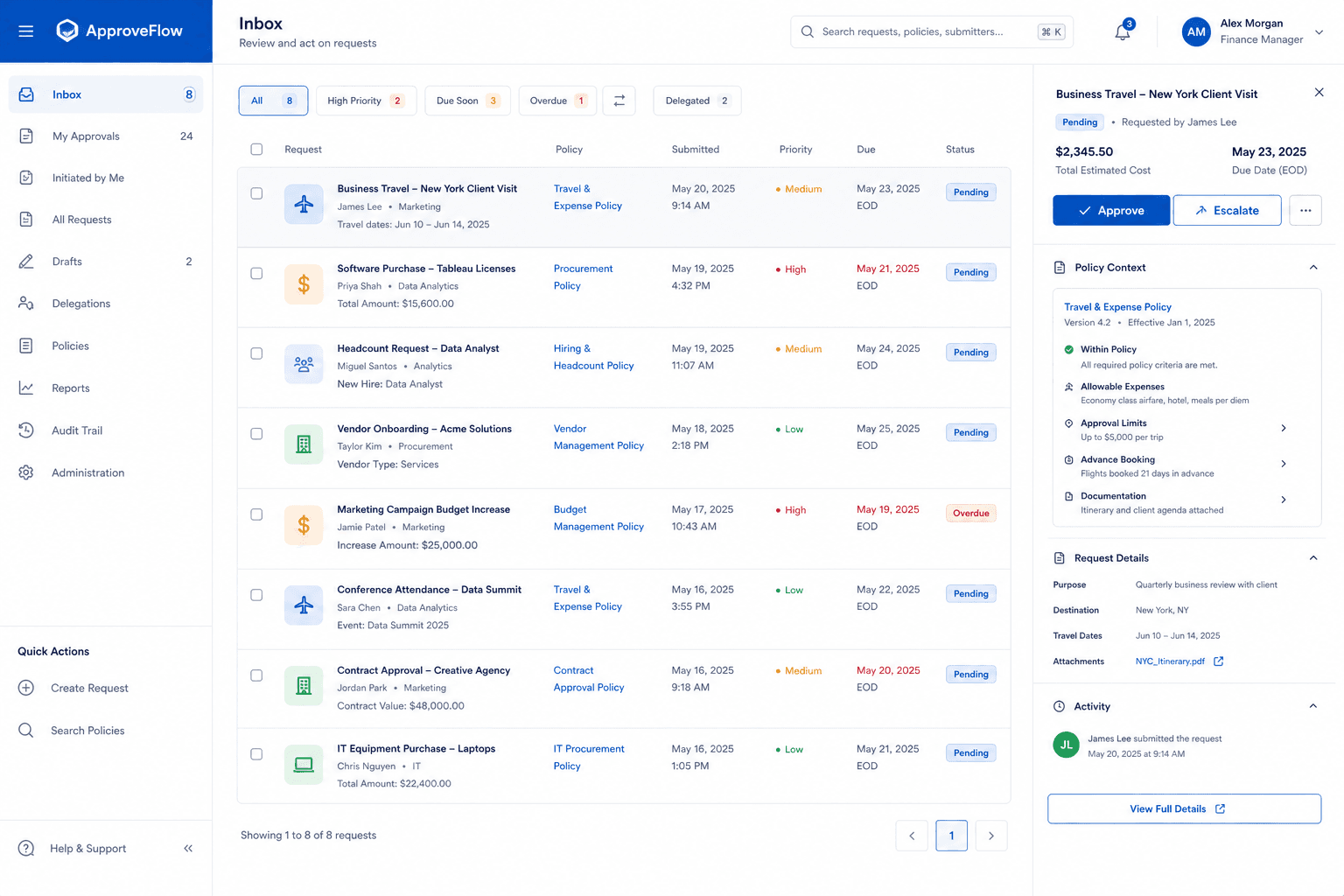 Approvals inbox with policy context for approvers